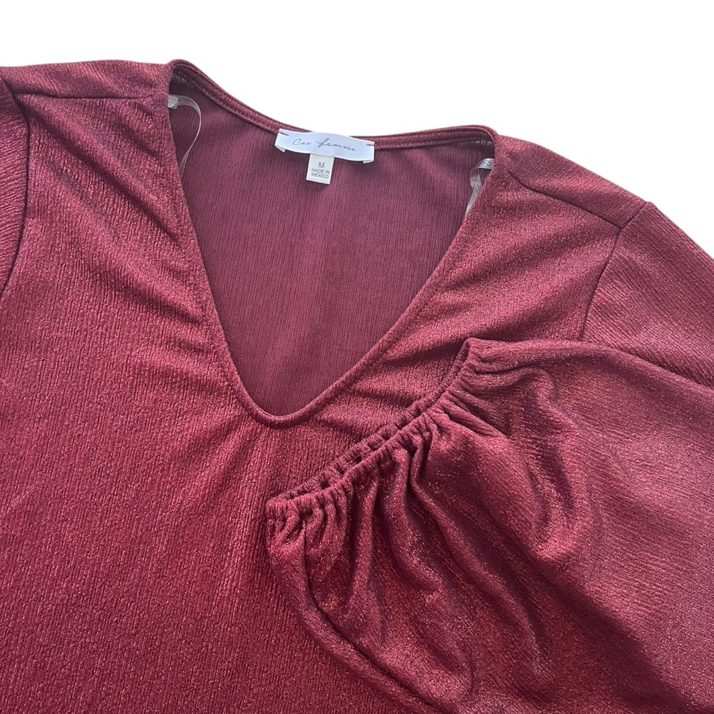 Ces Femme Women M Deep Red Metallic Sparkle Long Balloon Sleeve Blouse TS12759SA